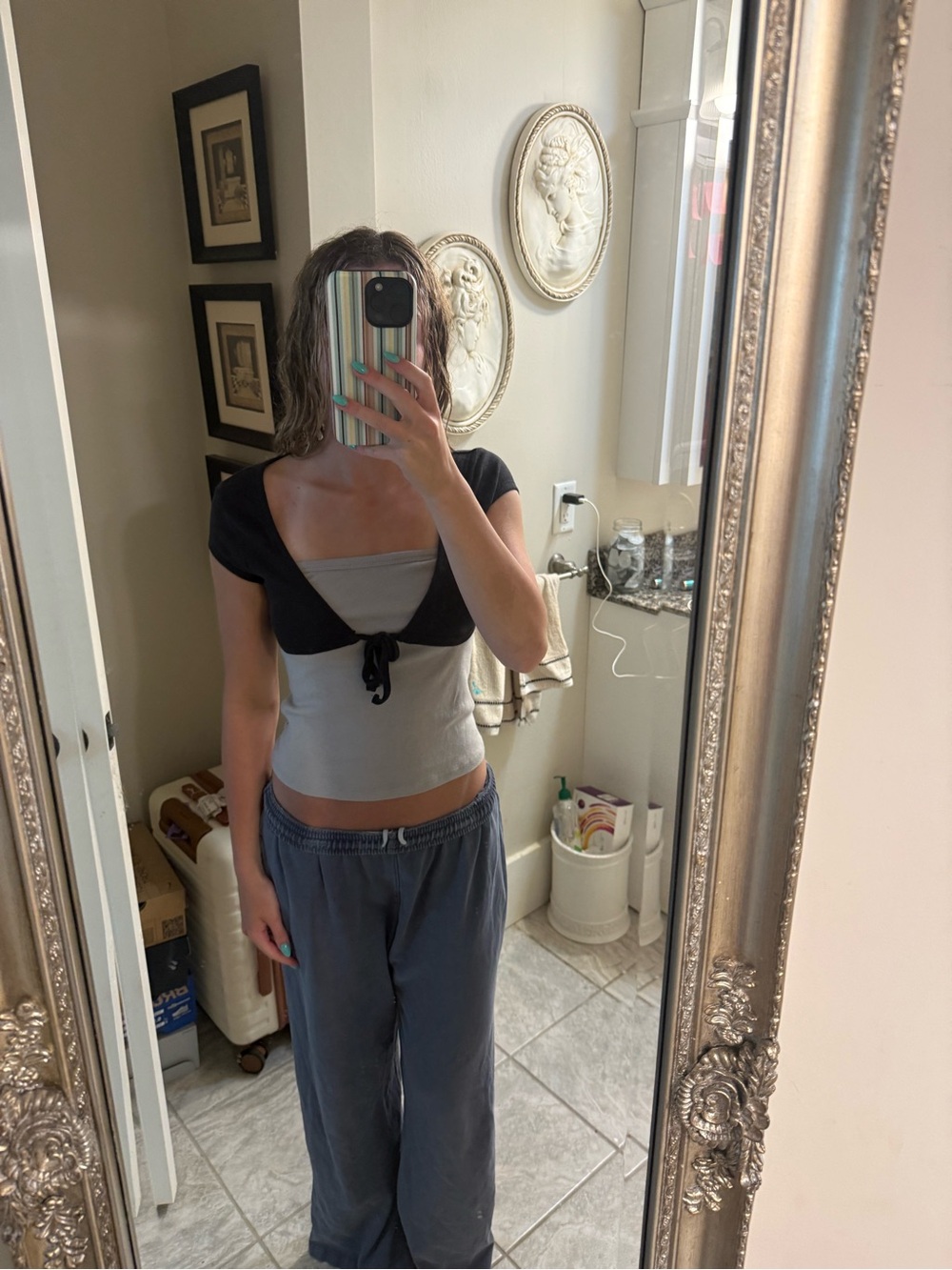 Urban outfitters Layered Black and Light Gray Tie-Front Crop Top
